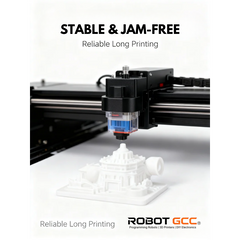 3D printer in action with a printed object, labeled 'Stable & Jam-Free' and 'Reliable Long Printing' by ROBOT GCC.