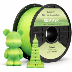 Spool of green 3D printing filament with a small green model and tower on a white background