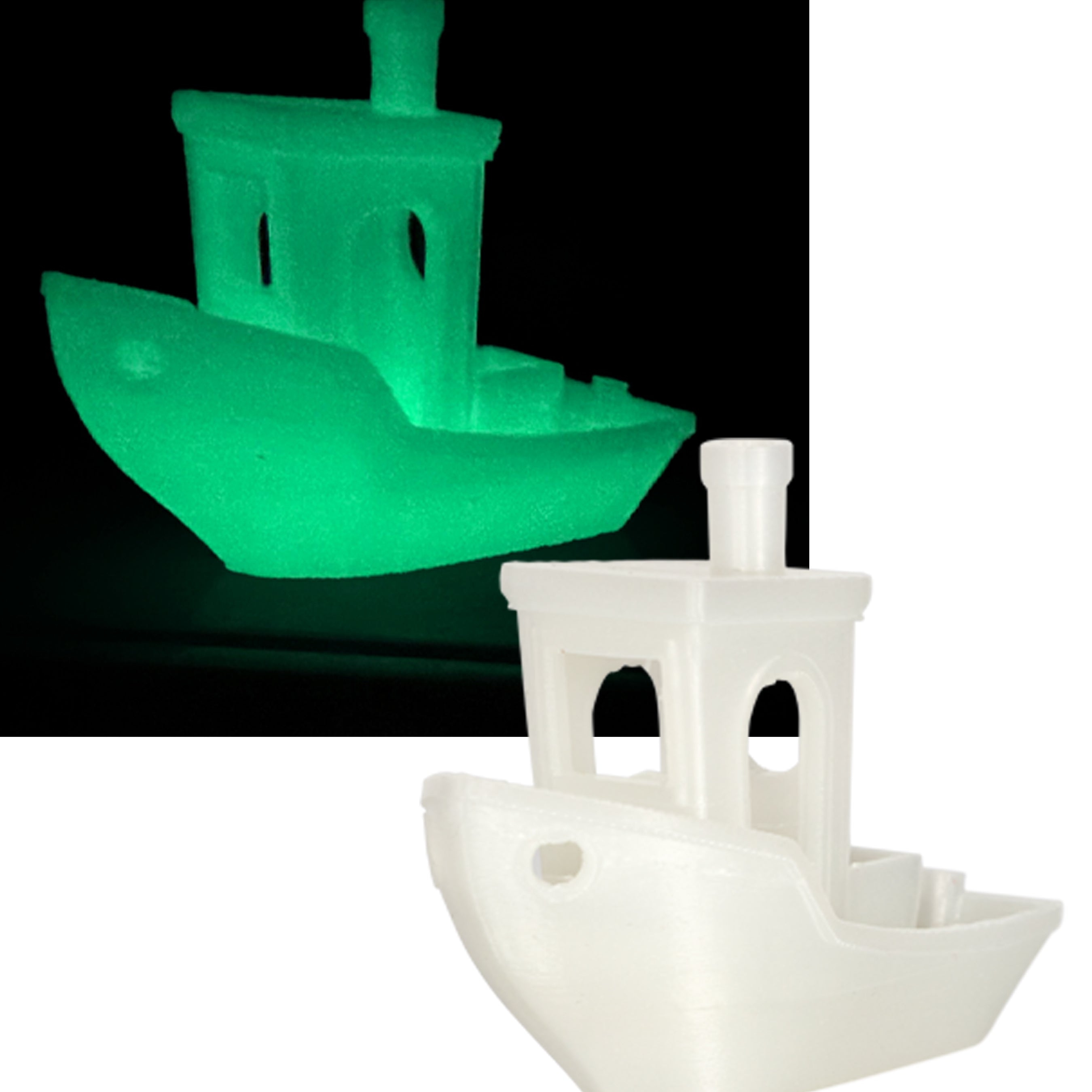 Two boat-shaped objects, one glowing green and one white, on a black and white background.