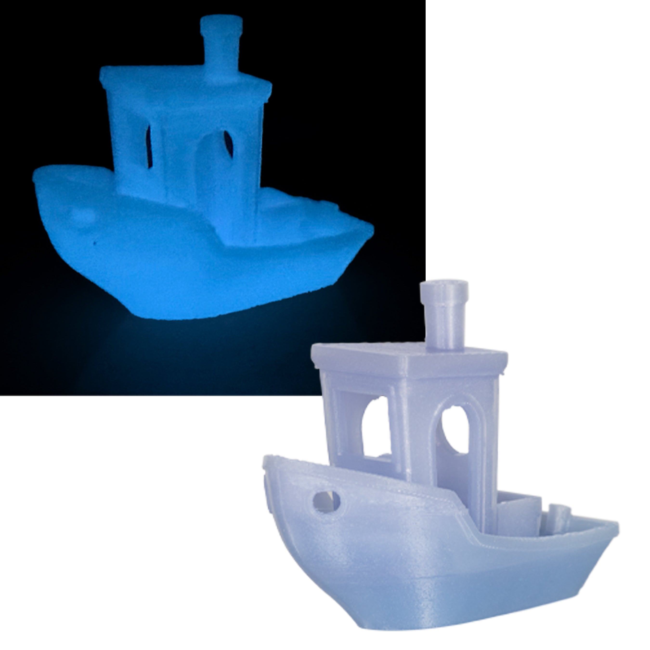 Glowing blue and white toy boat on a black and white background
