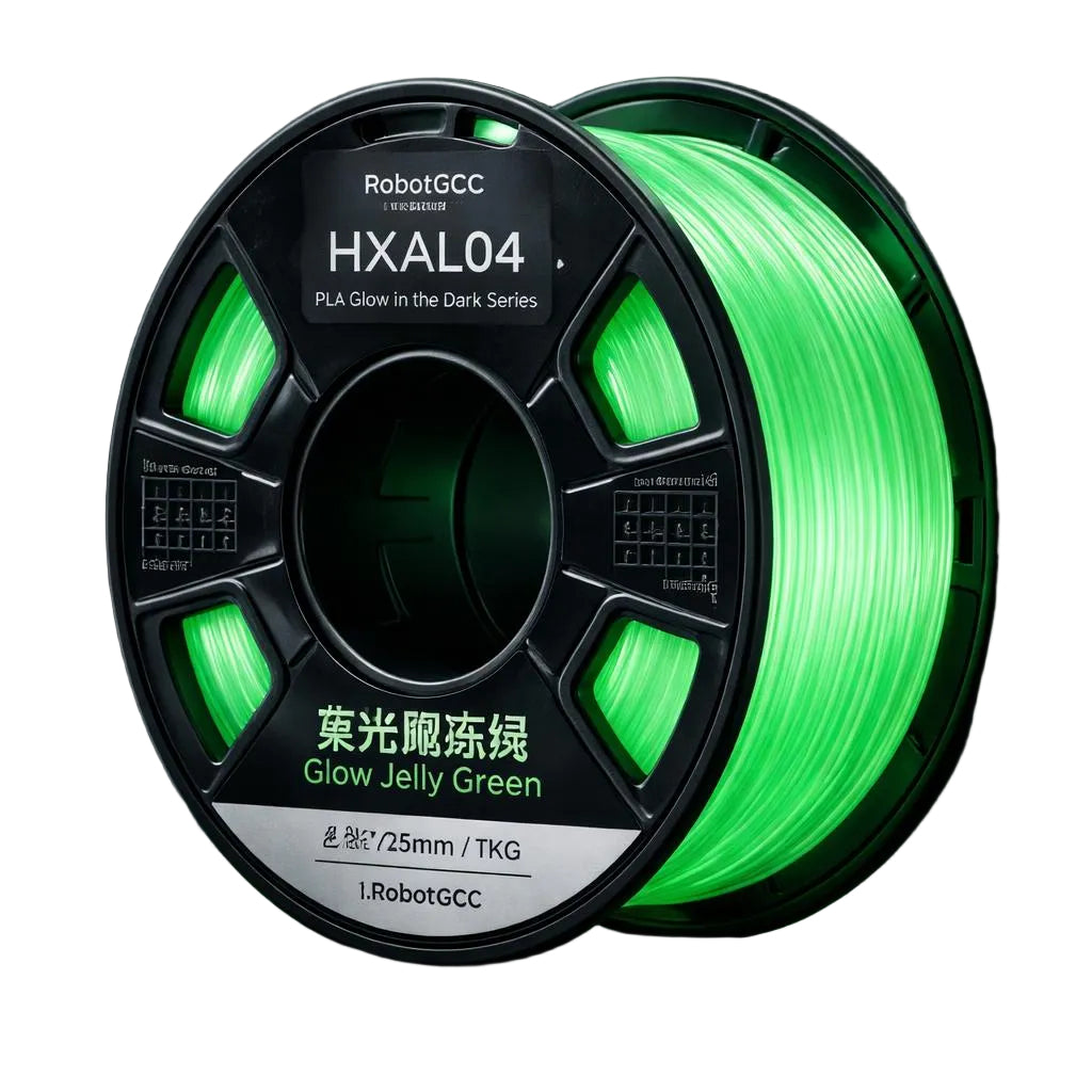 Spool of green 3D printing filament with 'RobotGCC' branding on a dark background