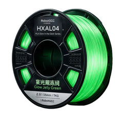 Spool of green 3D printing filament with 'RobotGCC' branding on a dark background