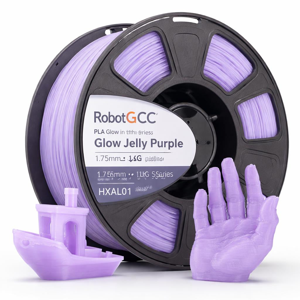 Spool of Glow Jelly Purple 3D printing filament with printed objects on a white background