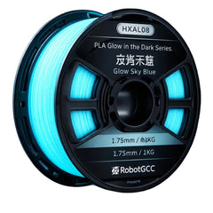 Spool of glow-in-the-dark 3D printing filament with 'RobotGCC' branding on a dark background