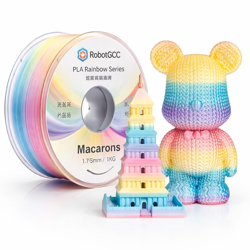 Colorful rainbow-themed toy and filament spool on a white background