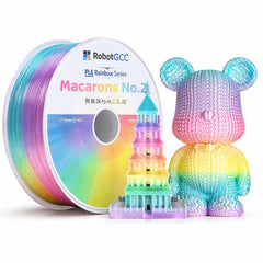 Spool of rainbow-colored filament and a colorful 3D printed object on a white background