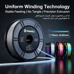Spool of filament with 'RobotGCC' branding and text about uniform winding technology on a dark background.