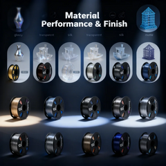 Display of 3D printing filament spools with various finishes on a dark background
