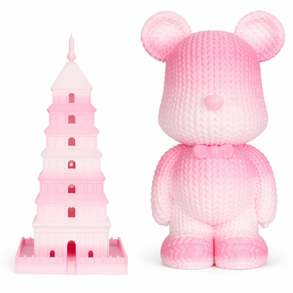 Pink teddy bear and pink tower model on a white background