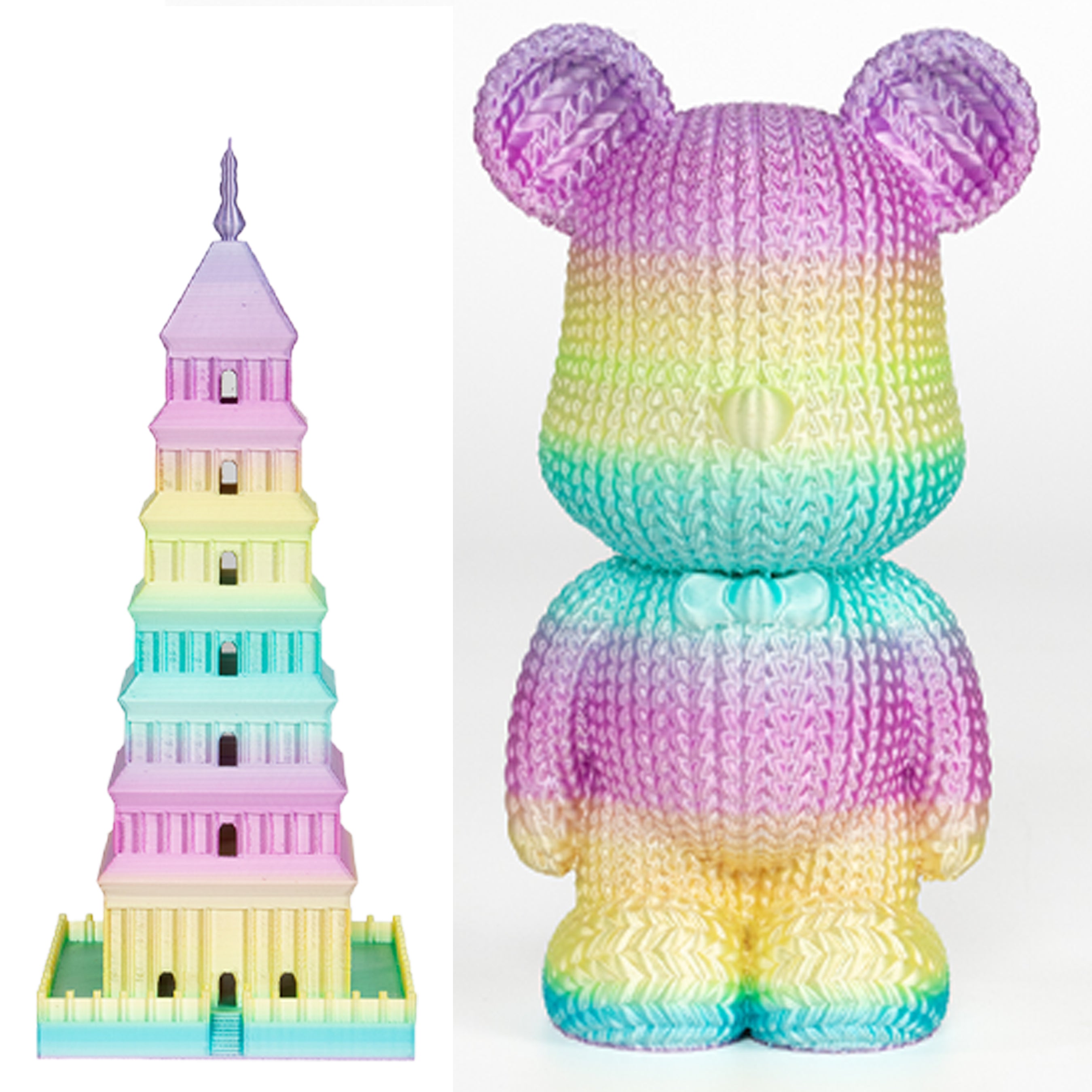 Colorful toy bear and tower resembling Big Ben on a white background