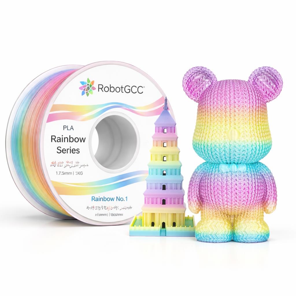 Spool of Rainbow Series PLA filament and a colorful tower model on a white background with RobotGCC branding.