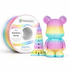 Spool of Rainbow Series PLA filament and a colorful tower model on a white background with RobotGCC branding.