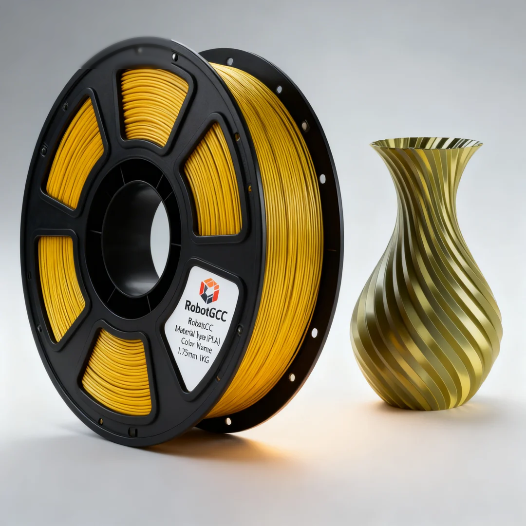 Spool of yellow 3D printing filament and a gold 3D printed vase on a white background