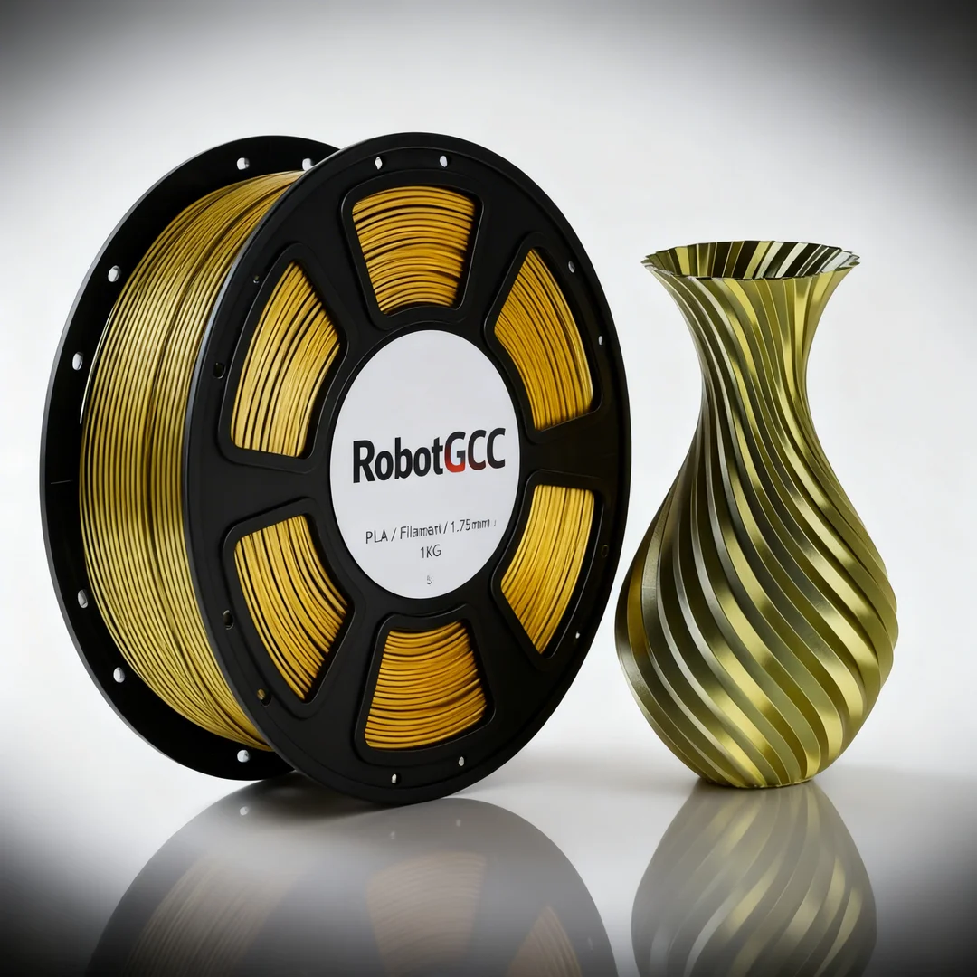 Spool of gold 3D printing filament and a green and gold striped vase on a reflective surface.