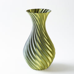 Green and white striped vase on a white background