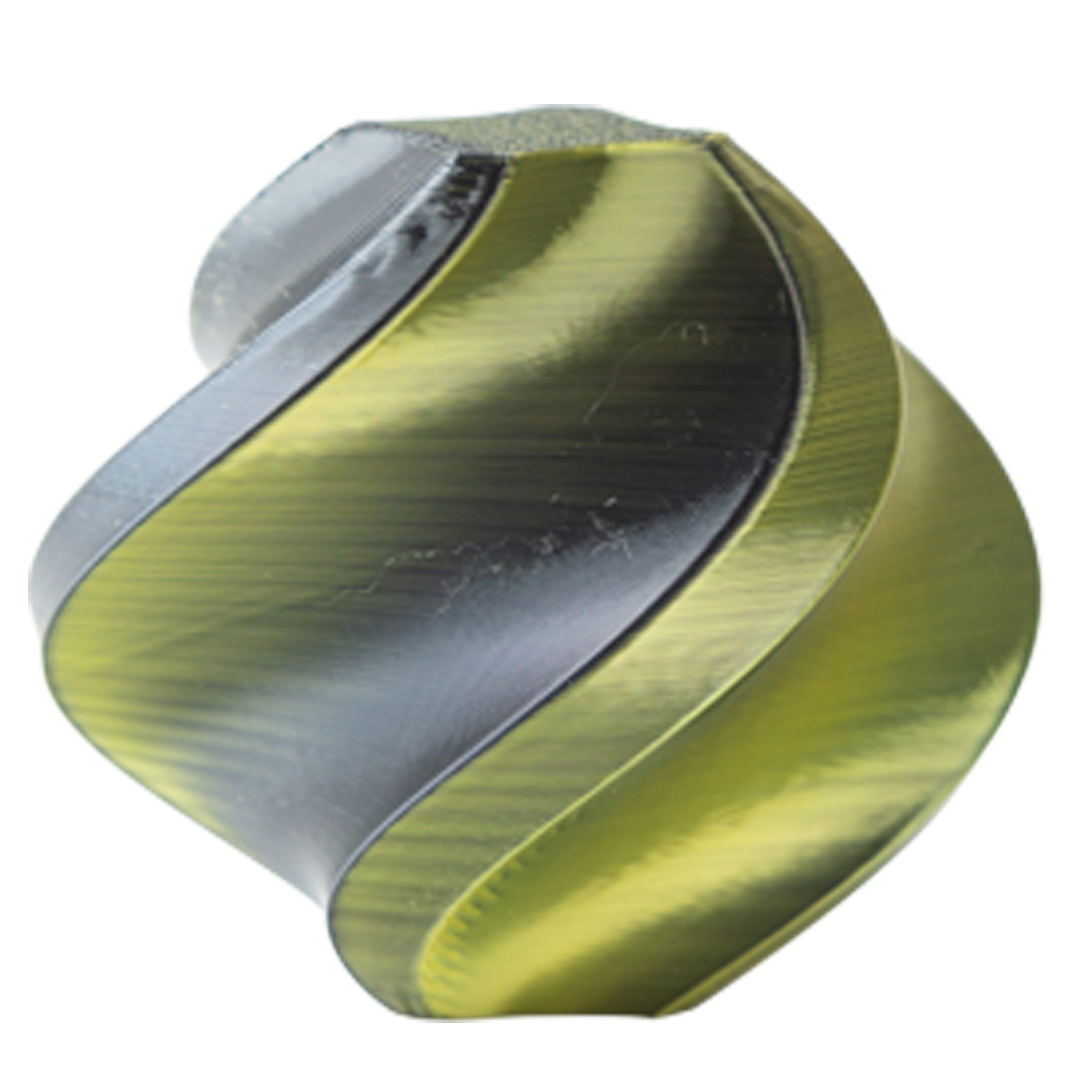 Metallic green and silver object on a white background