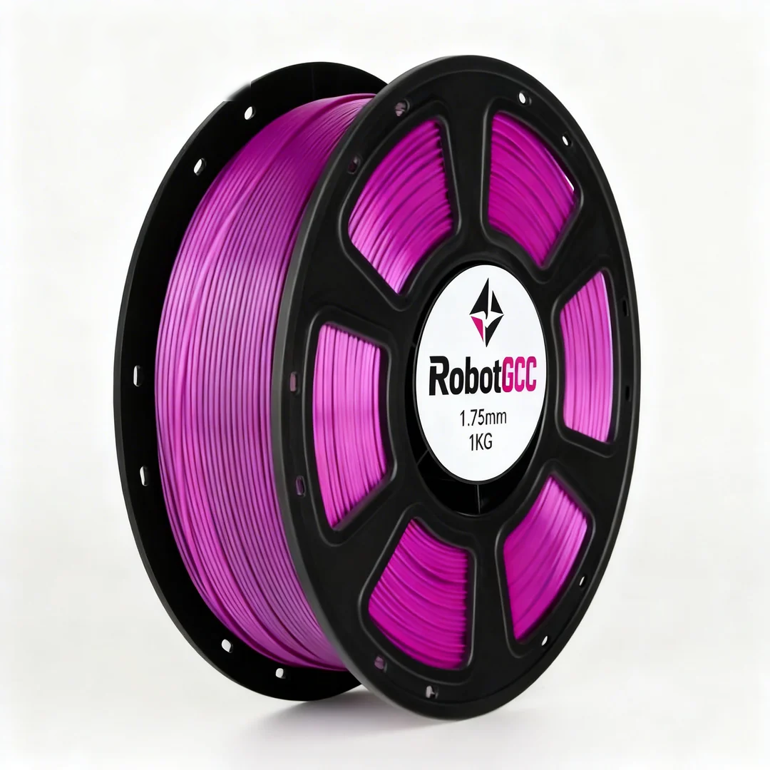 Spool of pink 3D printing filament with RobotCC label on a white background