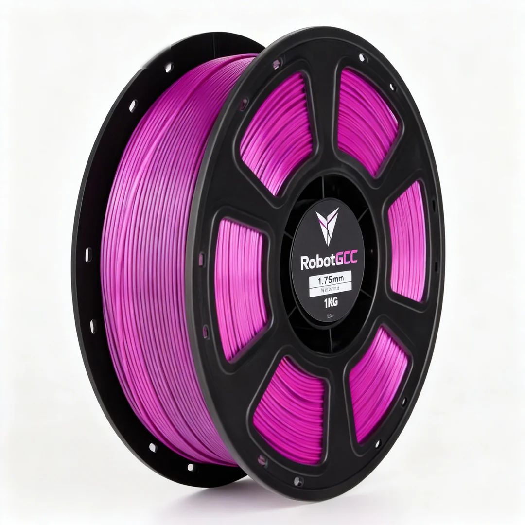 Spool of pink 3D printing filament with RobotGCC branding on a white background