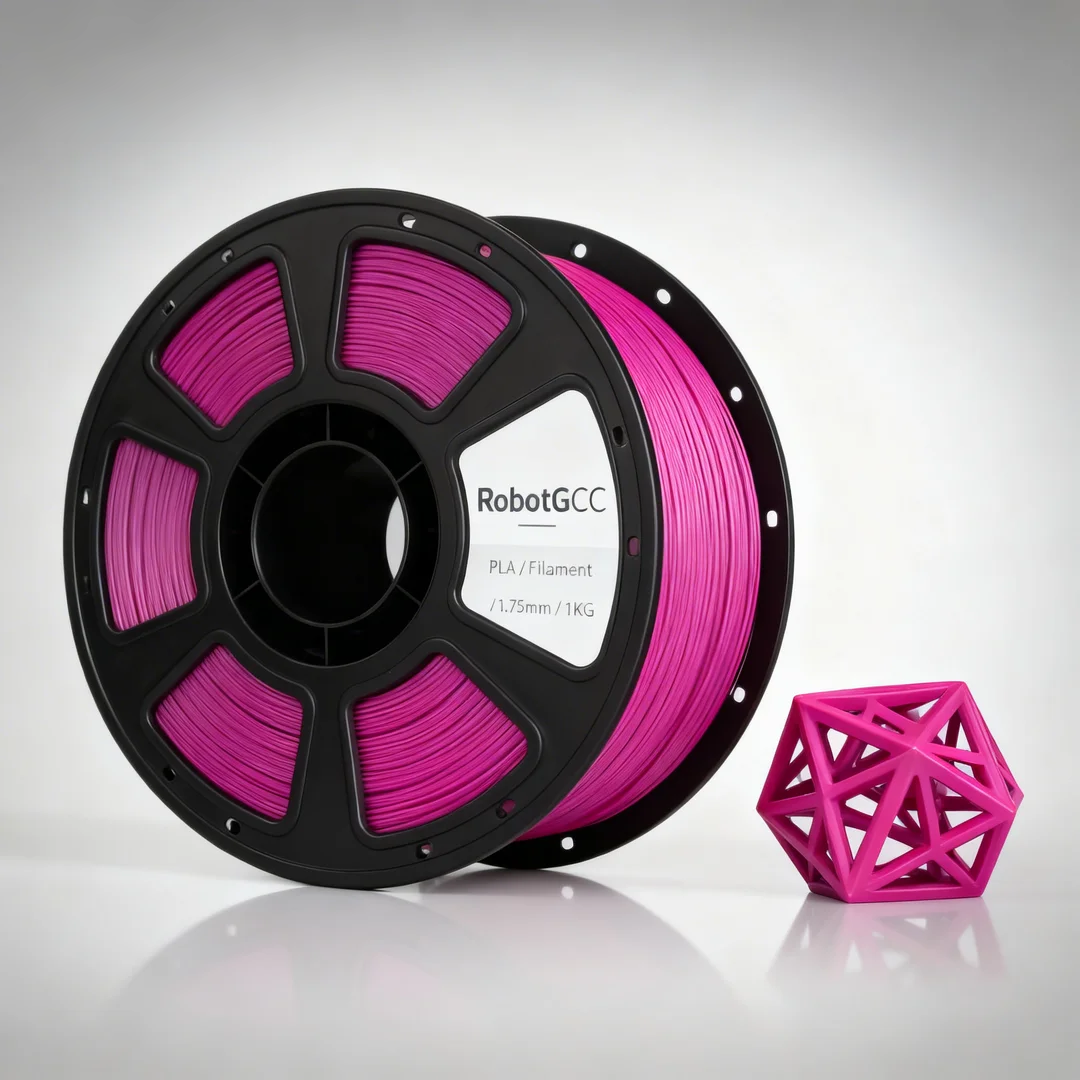 Spool of pink 3D printing filament with a geometric pink object on a white background