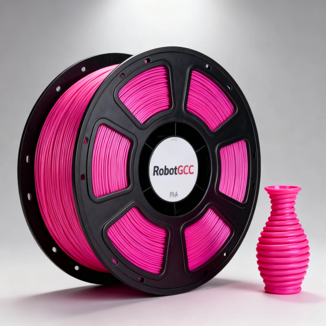 Spool of pink 3D printing filament with a 3D printed vase on a white background, featuring the RobotGCC brand.