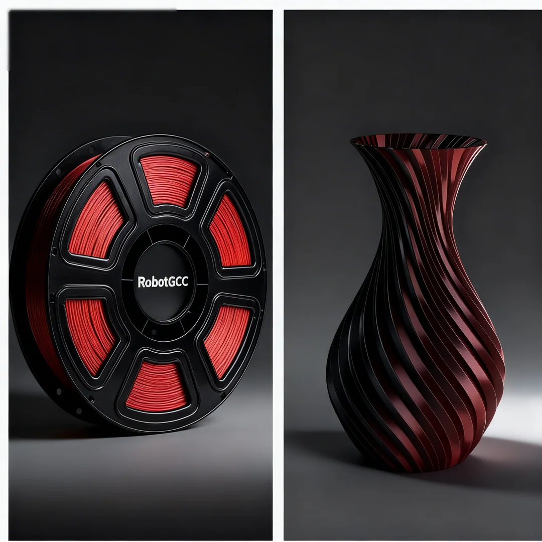 Spool of red filament and a red and black vase on a dark background