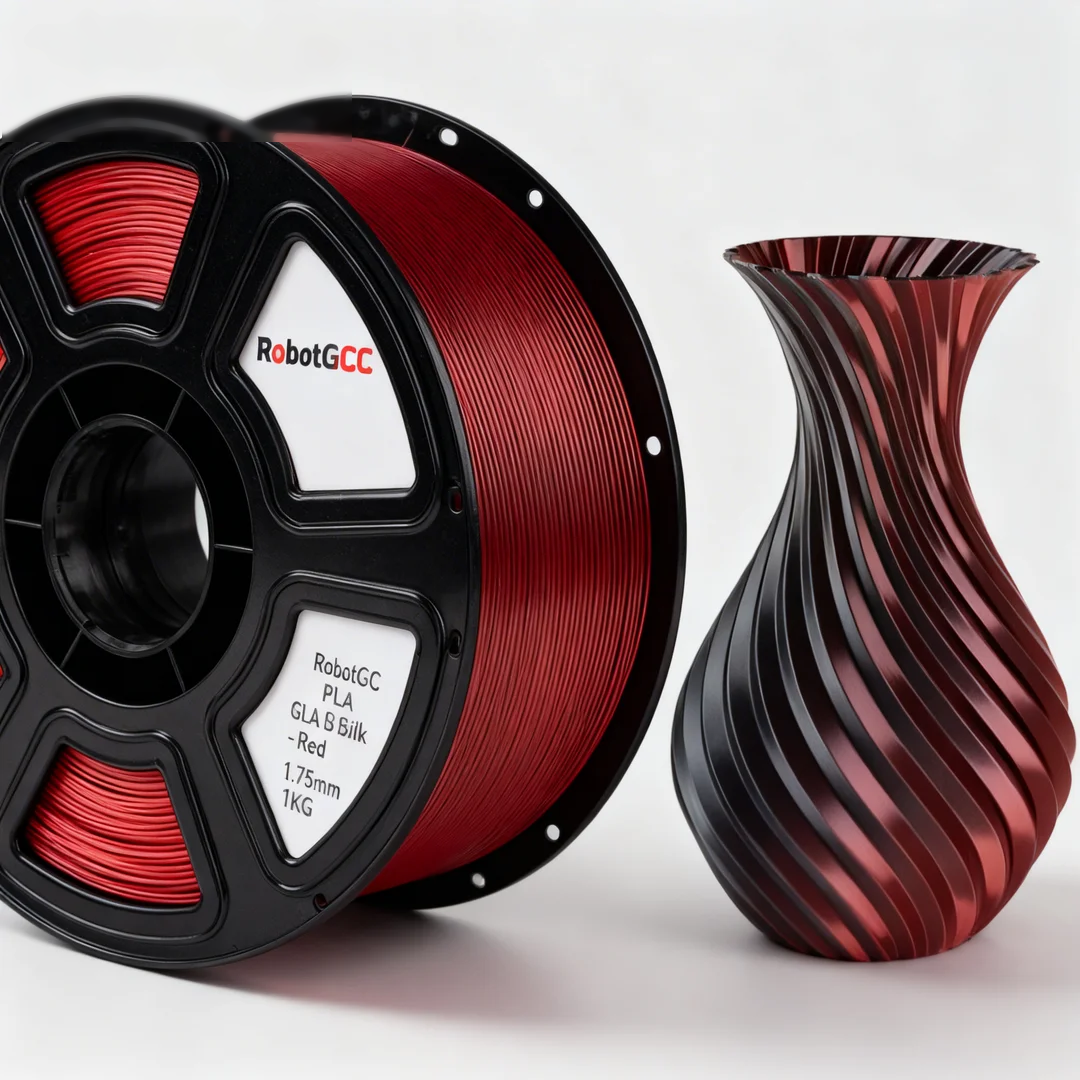 Spool of red 3D printing filament with a completed vase on a white background