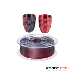 Two red and black textured cups with a spool of red and black filament on a white background, featuring the ROBOT GCC logo.