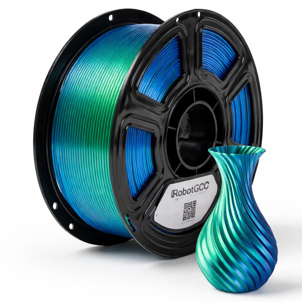 Spool of blue and green filament with a 3D printed vase on a white background