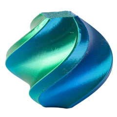 Blue and green metal object on a white background