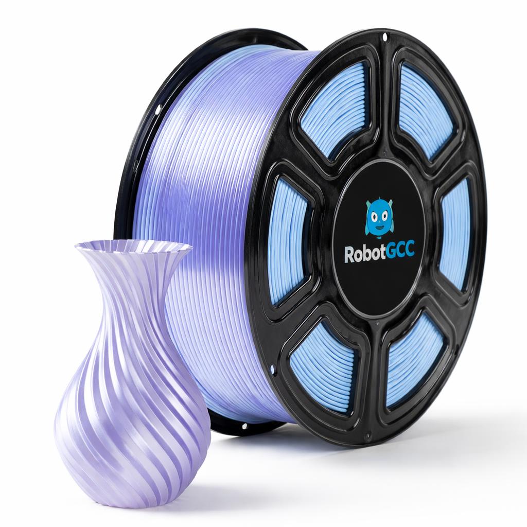Spool of blue 3D printing filament with a printed vase next to it, featuring the RobotGCC brand.