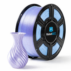 Spool of blue 3D printing filament with a printed vase next to it, featuring the RobotGCC brand.