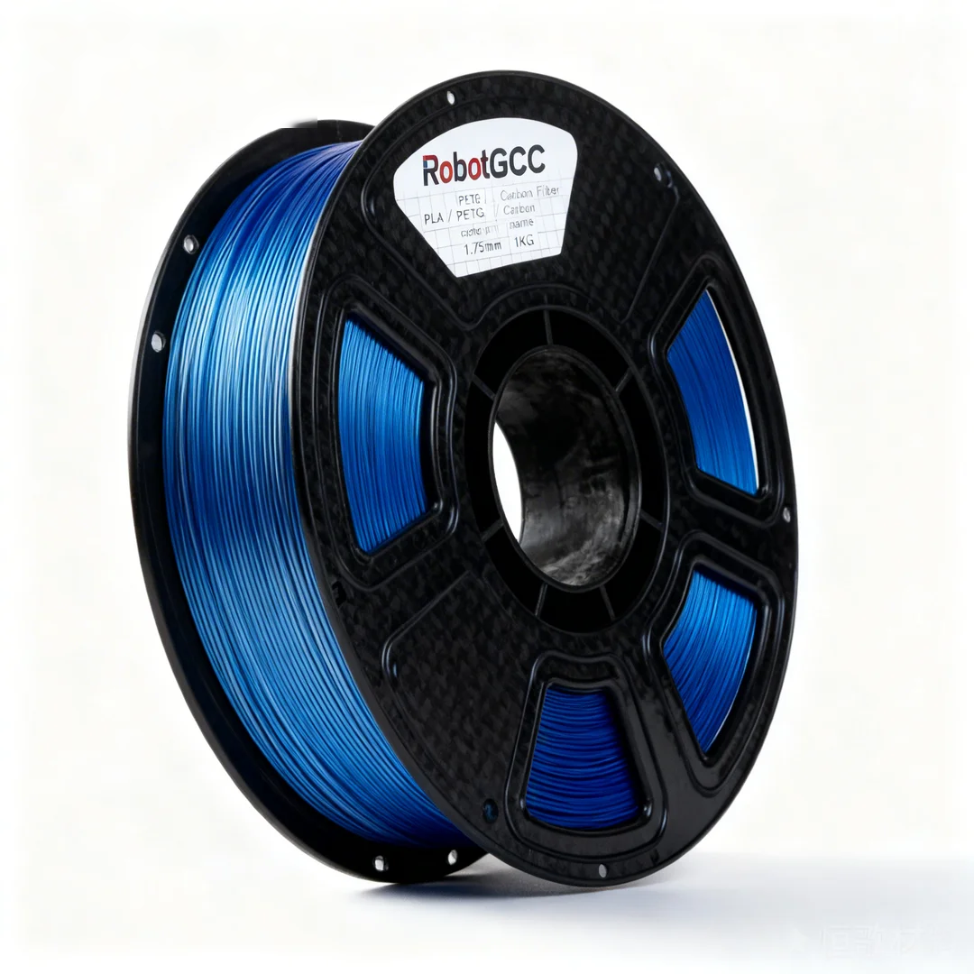 Spool of blue 3D printing filament with RobotGCC label on a white background