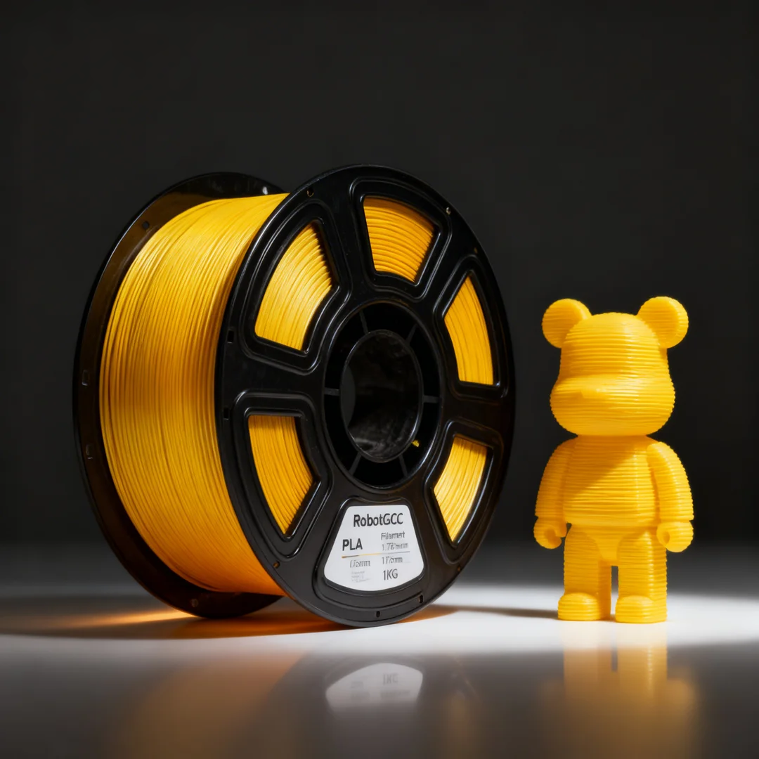 Spool of yellow 3D printing filament next to a yellow 3D printed bear figure on a reflective surface with a dark background.