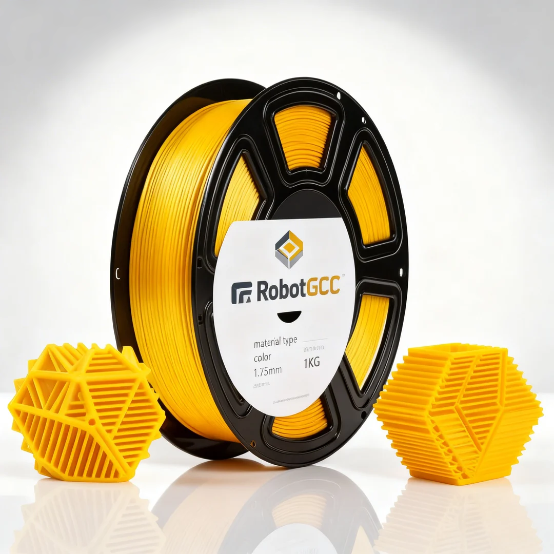 Spool of yellow 3D printing filament with 'RobotGCC' branding on a white background