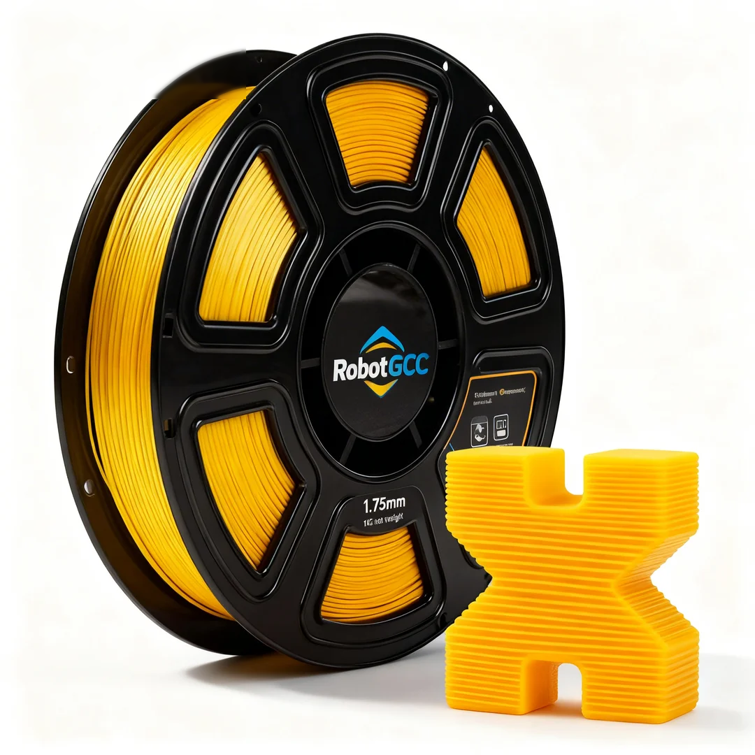 Spool of yellow 3D printing filament with a printed 'X' sample on a white background, featuring the RobotGCC brand.
