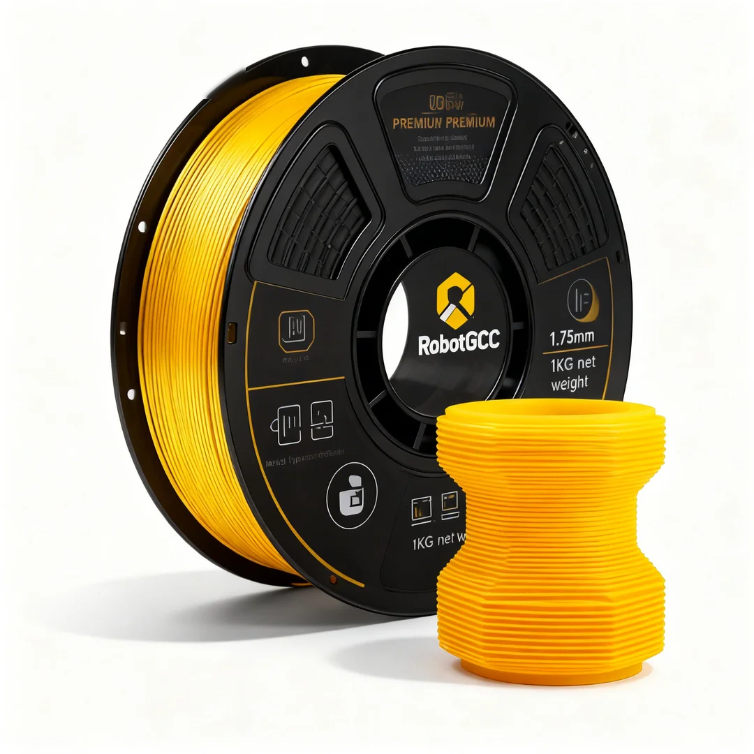 Spool of yellow 3D printing filament with RobotGCC branding on a white background