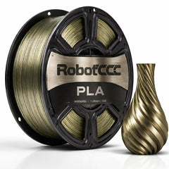 Spool of gold 3D printing filament with RobotGCC branding and a printed object.