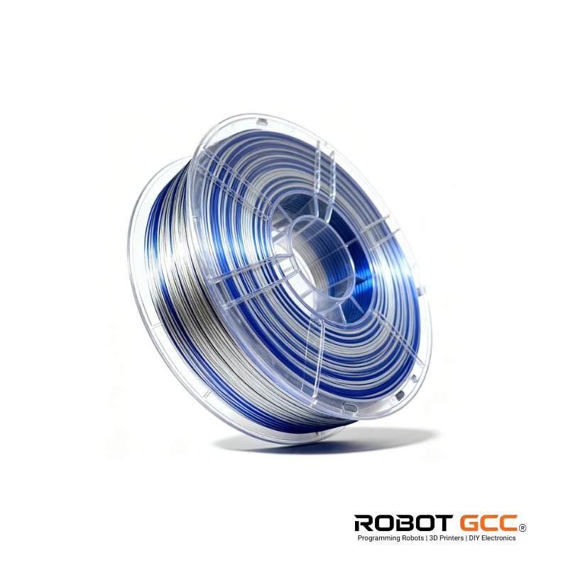 Spool of blue and clear filament on a white background with ROBOT GCC logo.