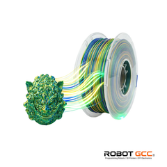 Spool of colorful filament with a 3D printed object, labeled 'ROBOT GCC'.