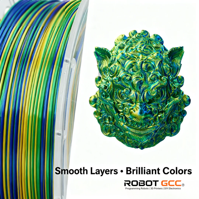 Spool of green and blue filament next to a 3D printed decorative object, with 'Robot GCC' branding.