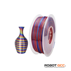 Spool of multicolored filament next to a striped vase on a white background with 'Robot GCC' branding.