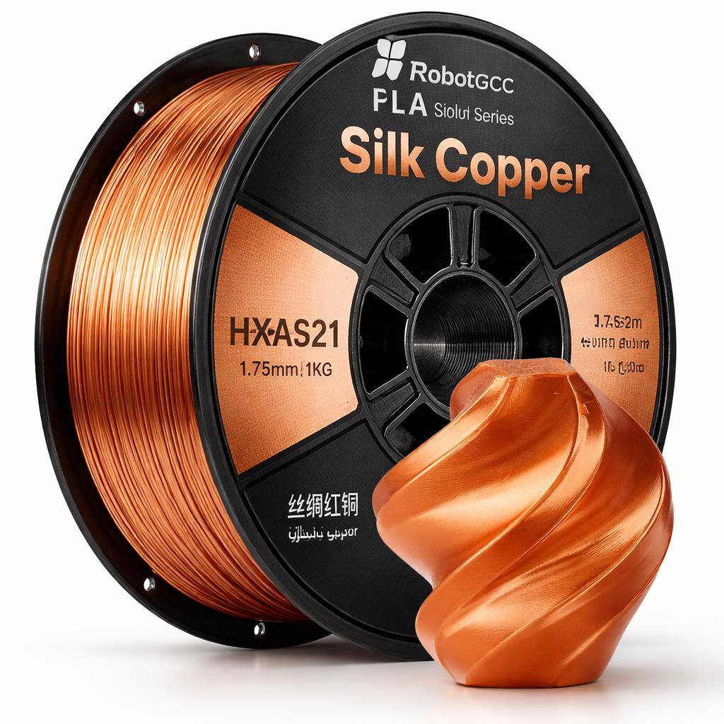 Spool of Silk Copper filament with a sample piece on a white background, branded as RobotGcc.