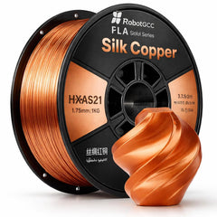 Spool of Silk Copper filament with a sample piece on a white background, branded as RobotGcc.