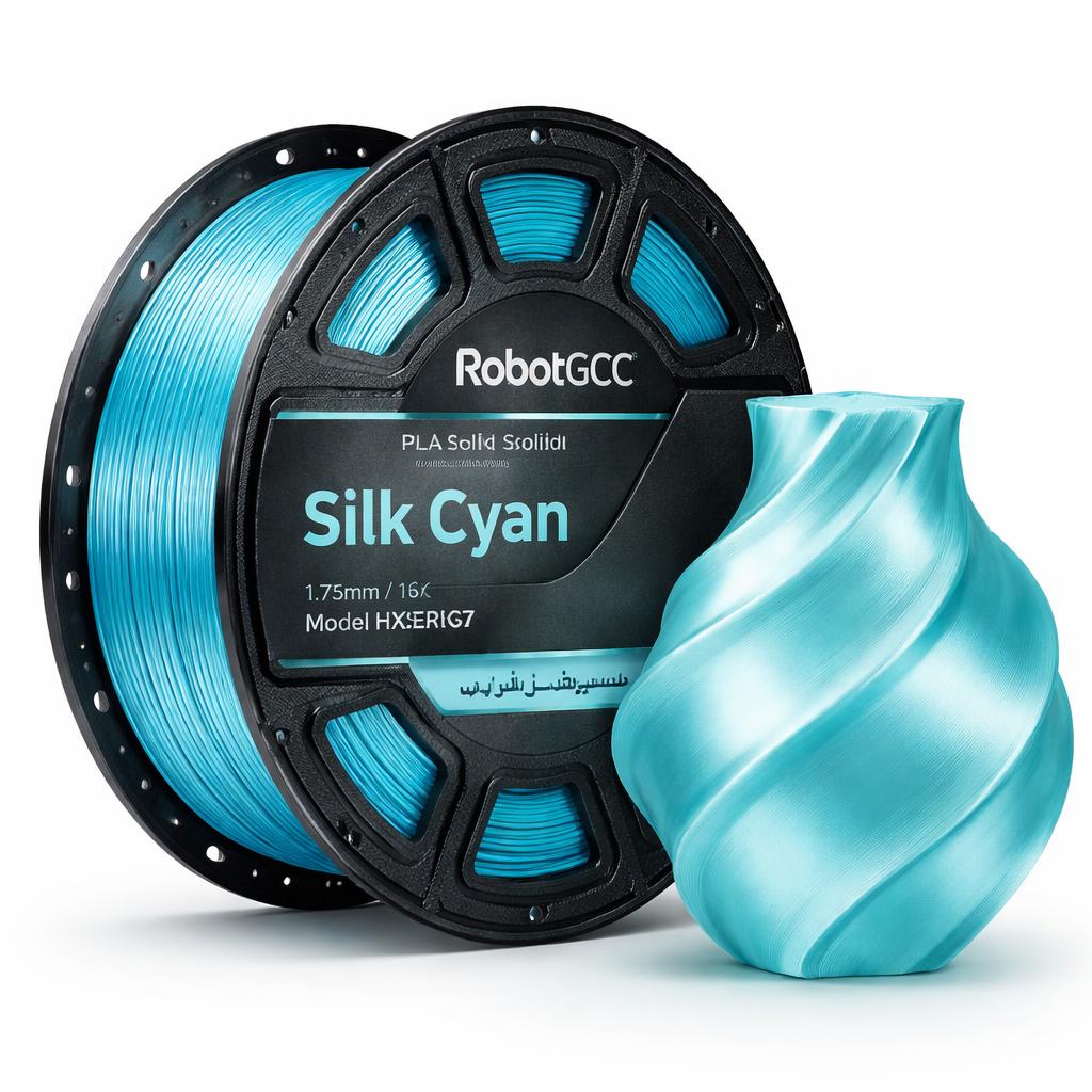 Spool of RobotGCC Silk Cyan 3D printing filament with a printed object on a white background