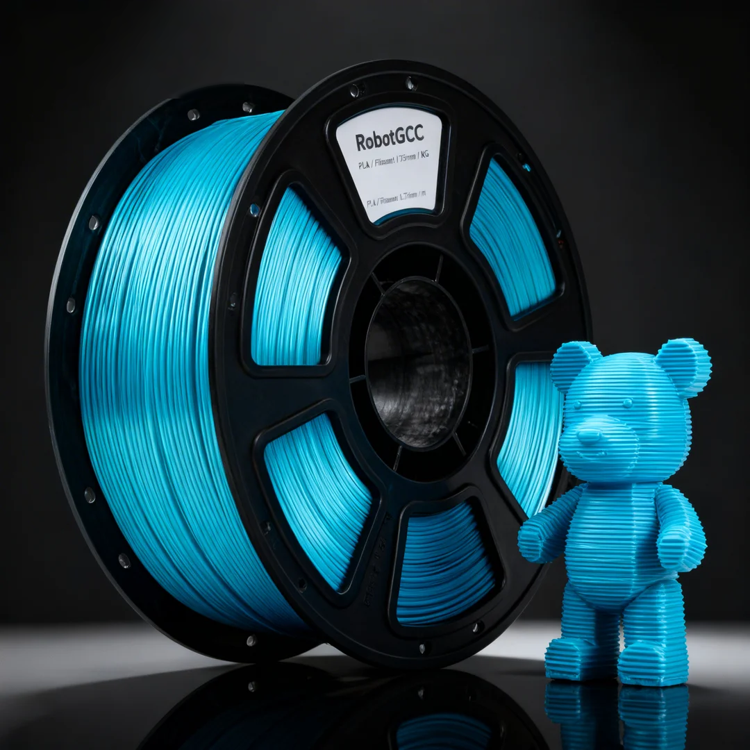 Spool of blue 3D printing filament and a small blue 3D printed bear model on a dark background