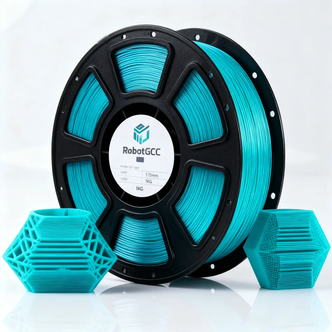 Spool of turquoise 3D printing filament with printed cubes on a white background, featuring RobotGCC branding.