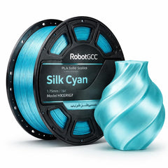 Spool of RobotGCC Silk Cyan 3D printing filament with a printed object on a white background