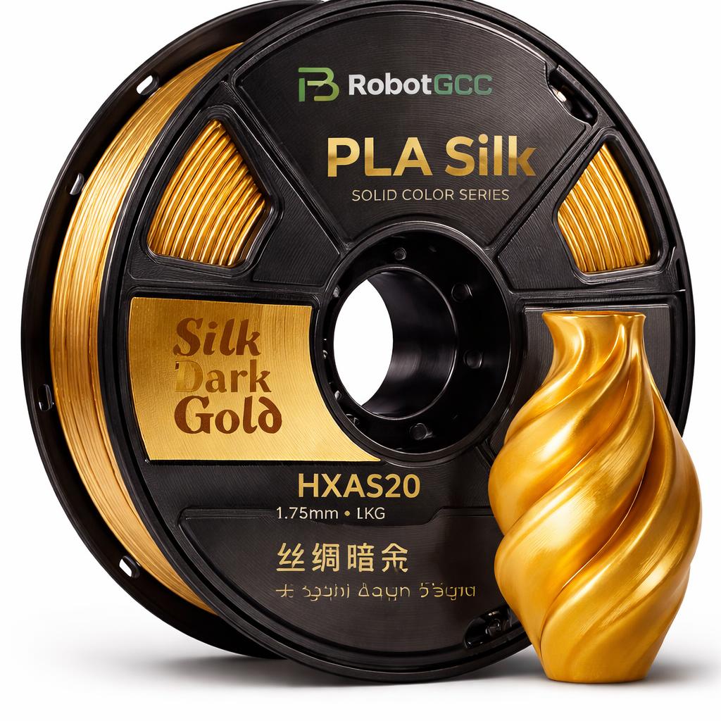 Spool of RobotGCC PLA Silk filament in Dark Gold color on a white background