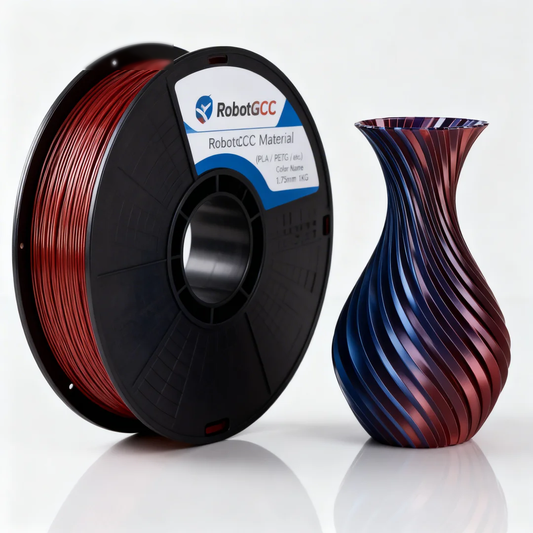 Spool of red and black 3D printing filament with a finished 3D printed vase on a white background, featuring the RobotCC brand.