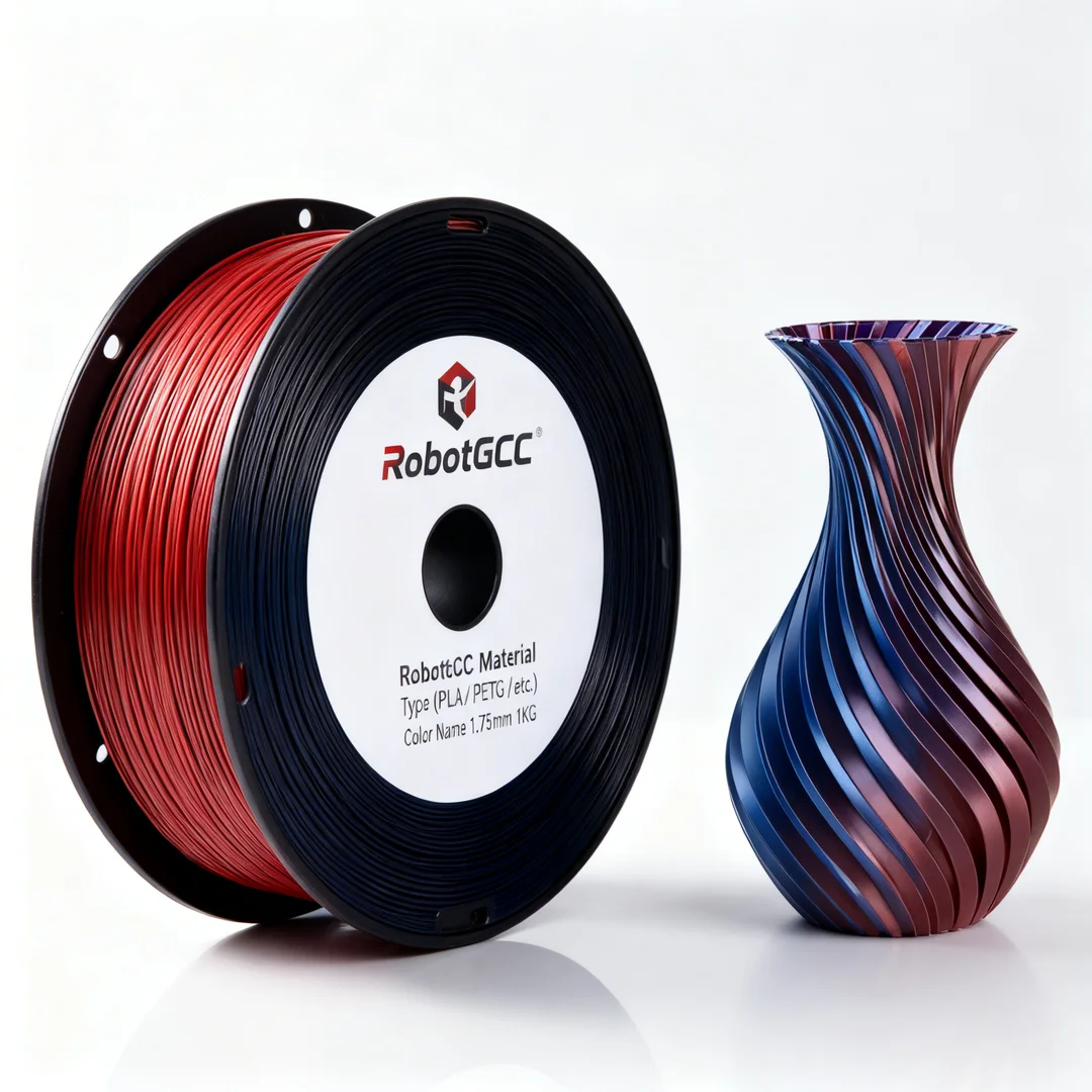 Spool of red and black 3D printing filament with a colorful vase on a white background
